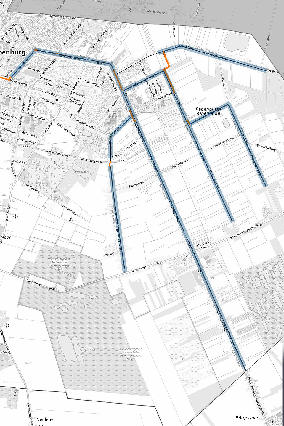 Geplante Fahrradstraßen in Papenburg: Fahrradstraßen = blau / mögliche Radverbindung = orange Geplante Fahrradstraßen in Papenburg: Fahrradstraßen = blau / mögliche Radverbindung = orange