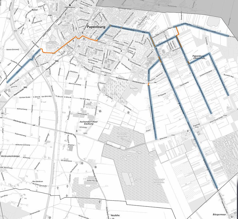 Fahrradstraßen = blau / Radwegverbindung = orange