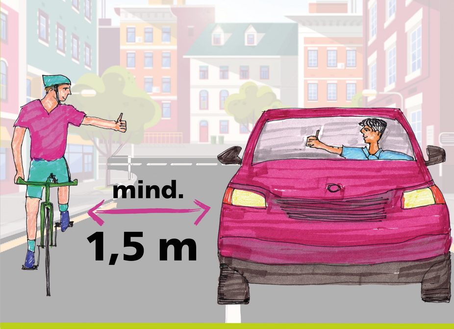 Plakat 2 Poster: Ein Autofahrer überholt eine Radfahrerin mit mind. 1,5 m Abstand. Beide schauen einander freundlich an.
