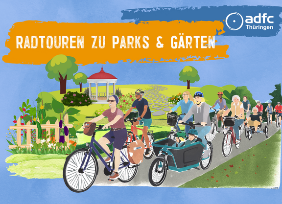 Ein gezeichnetes Bild: Eine Radfahrendengruppe fährt durch eine Park- und Gartenlandschaft.