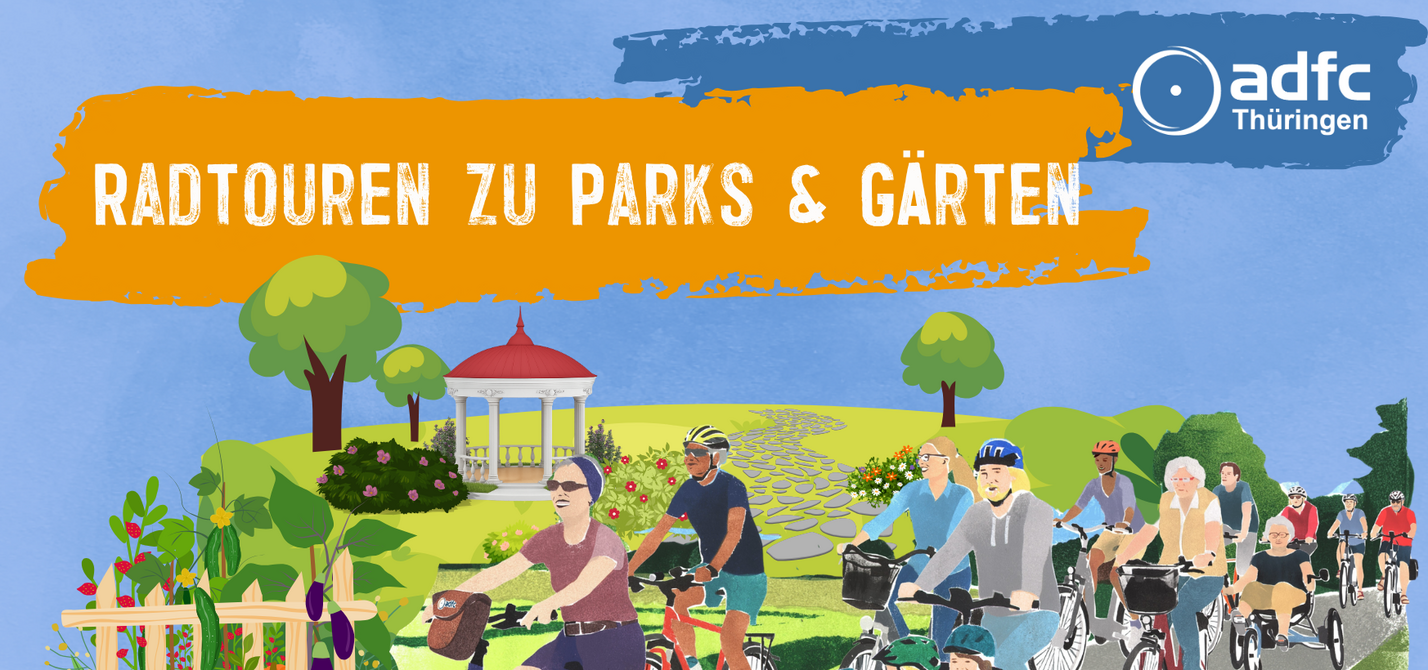 Ein gezeichnetes Bild: Eine Radfahrendengruppe fährt durch eine Park- und Gartenlandschaft.